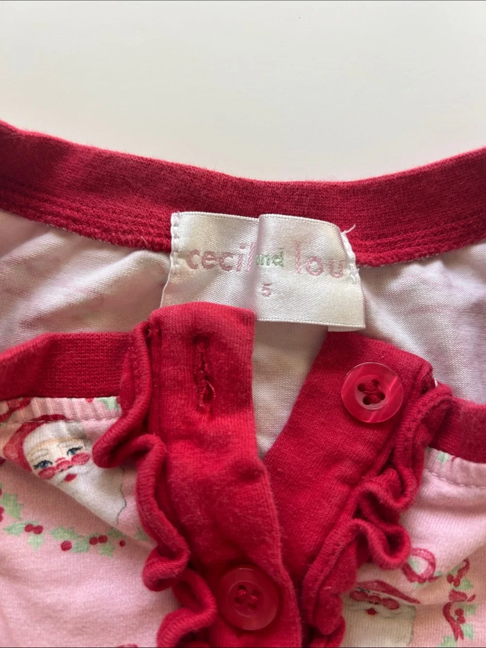 Girls' Pink Santa Wreath Cotton Pajama Set with Red Trim